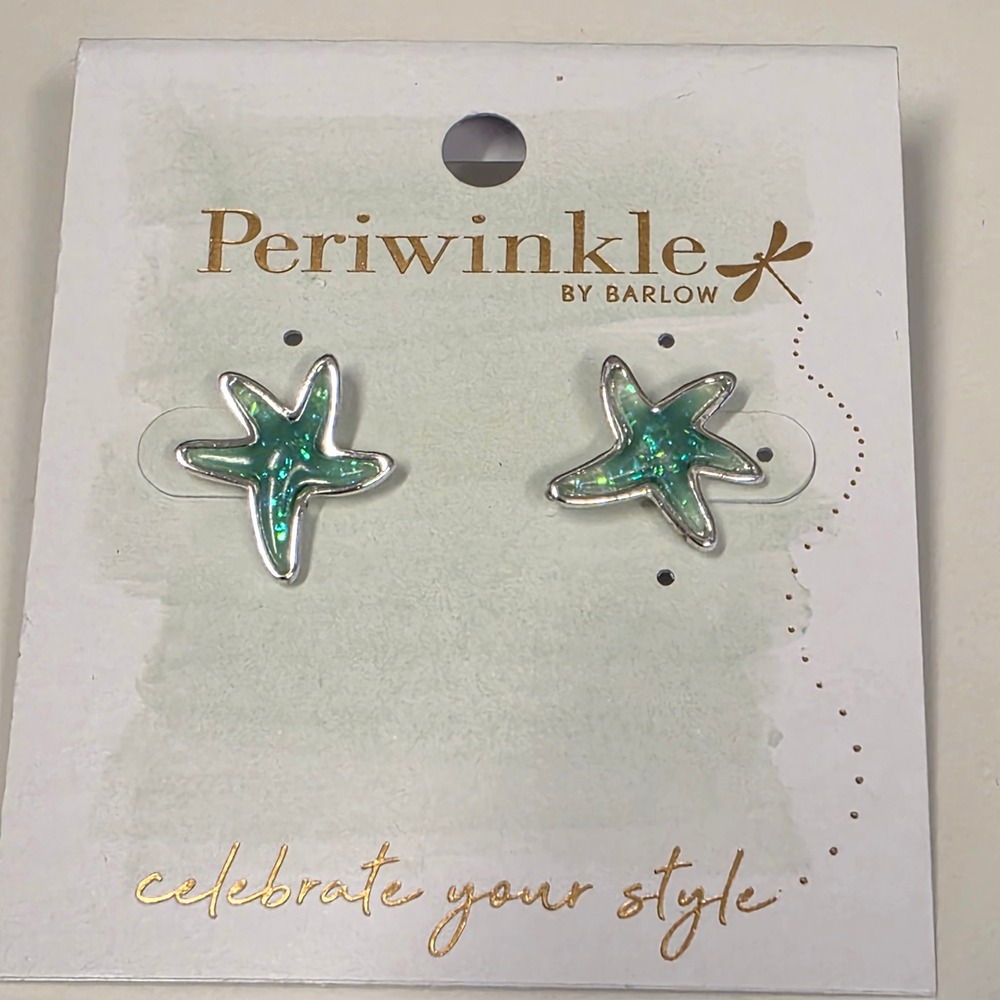Periwinkle by Barlow Starfish Stud Earrings Teal Green Glitter Silver Tone New